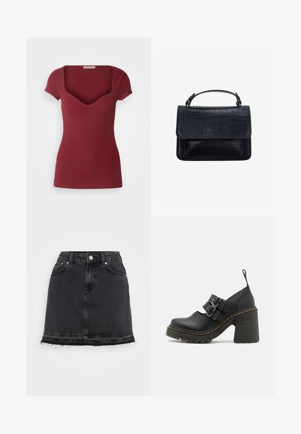 Geribbelde bordeauxrode top met een perfecte pasvorm, korte mouwen en een diepe V-hals. Gemaakt van zachte stof met een gladde textuur.; Zwart denim mini-jurk met een rechte silhouet, voorzien van voorzakken, metalen knoopsluiting en een rafelige zoom.; Zwarte hoge hakken met een gestructureerde zool, voorzien van twee zilveren gespen, gele stiksels en een lus aan de achterkant voor gemakkelijk aan- en uittrekken.; Zwarte handtas met krokodillenstructuur, rechthoekige vorm, bovenklep en een enkele korte handgreep.
