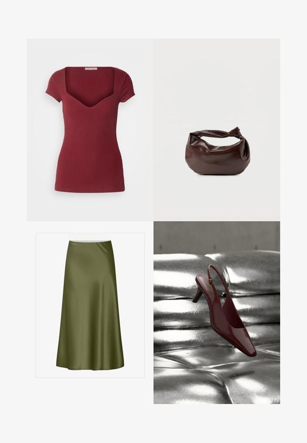Ribbeburgunder top med en tætsiddende design, korte ærmer og en dyb V-udskæring. Lavet af blødt stof med en glat overflade.; Oliven grøn, knælængde satin nederdel med en glat tekstur og blød flare. Har en talje og ingen synlige lukninger eller mønstre.; Rød laklædersko med slingback, spids snude og lav hæl, med en guldsmykke nær ankelremmen.; Mørkebrun læder skuldertaske med en blød, afslappet form og et snoet knudehåndtag på en ensartet hvid baggrund.