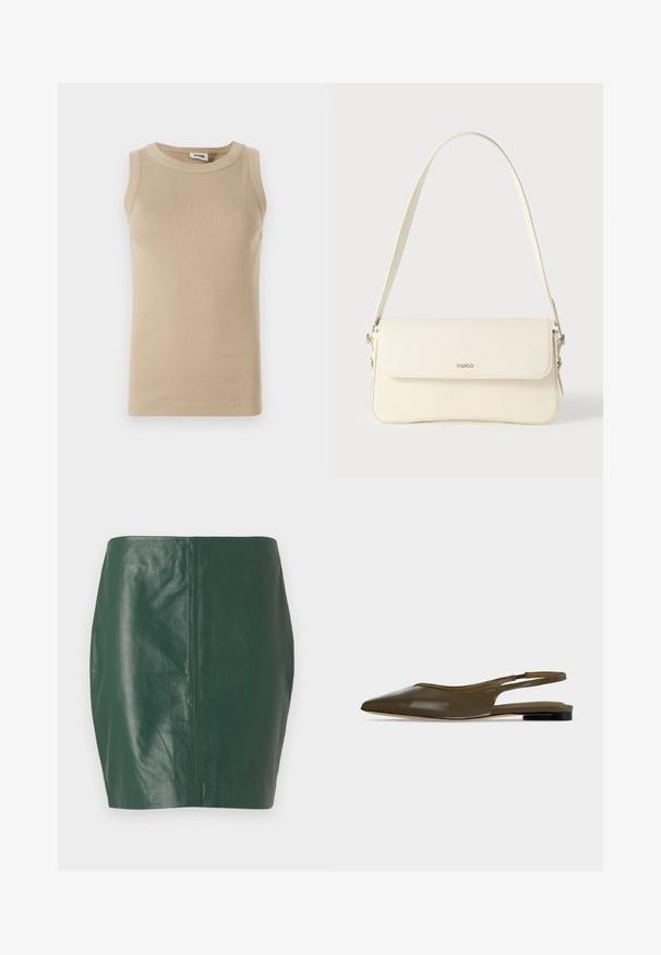 Top sin mangas beige fabricado con tejido acanalado, con cuello redondo, con costuras tonales y un diseño ajustado.; Minifalda de cuero verde con una textura suave y forma ajustada. Presenta un diseño sin costuras y sin cierres o herrajes visibles.; Zapato plano de tacón bajo y tira trasera en punta de color verde oliva con acabado liso y brillante.; Bolso de hombro de cuero color crema con cierre de solapa, herrajes plateados, una sola correa ajustable y detalles sutiles con el logo.