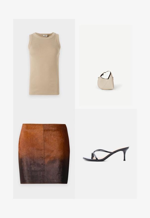 Beige ærmeløs top lavet af ribbet stof med rund hals, der har tonale stikninger og en tætsiddende design.; Brun gradient mini nederdel lavet af blødt materiale, med en glat tekstur, en tætsiddende silhuet og præcise syninger langs kanterne.; Sort laklædersandal med hæl, tynde krydsede remme og en slank mellemhøj stilethæl på en hvid baggrund.; Beige læder håndtaske i halvmåneform med en enkelt skulderrem og minimal syning, sat mod en ensartet hvid baggrund.