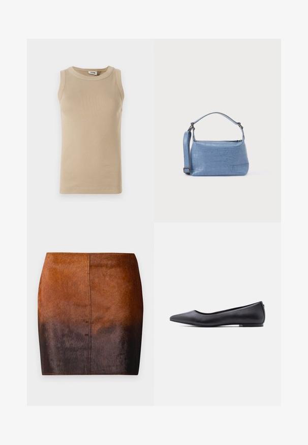 Beige ærmeløs top lavet af ribbet stof med rund hals, der har tonale stikninger og en tætsiddende design.; Brun gradient mini nederdel lavet af blødt materiale, med en glat tekstur, en tætsiddende silhuet og præcise syninger langs kanterne.; Sort flad lædersko med spidst tåparti og lav hæl, vist i sideprofil mod en hvid baggrund.; Lyseblå taske med krokodillepræg, kort håndtag og aftagelig skulderrem. Glat tekstur med lynlås.