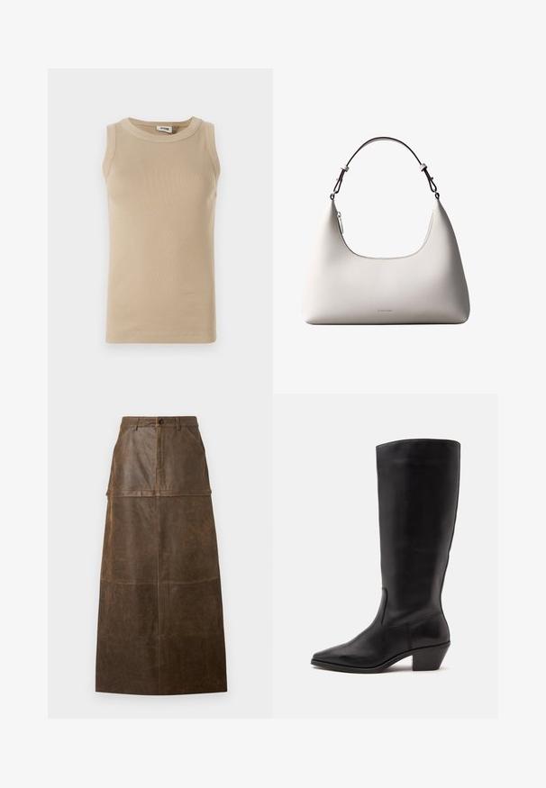 Beige ærmeløs top lavet af ribbet stof med rund hals, der har tonale stikninger og en tætsiddende design.; Brun læder midi-nederdel med høj talje, frontlommer og en glat overflade med synlige syninger.; Sort læderstøvle til midtkalv med spids tå og lavt skråt hæl på en enkel lys baggrund.; Cremefarvet skuldertaske i læder fra Calvin Klein med buet topkant, sølvfarvet lynlås og mørkebrun justerbar rem.
