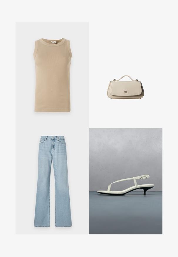Beige ærmeløs top lavet af ribbet stof med rund hals, der har tonale stikninger og en tætsiddende design.; Lyseblå brede jeans lavet af denim, der har høj talje, frontlommer og diskret falmet stof gennem hele materialet.; Hvid sandal med stropper og kitten-hæl med spids tå, svævende over et trægulv udendørs med en sløret plante og væg i baggrunden.; Lille beige læderhåndtaske med top håndtag og sølv CK-logo på frontklap, vist mod en hvid baggrund.