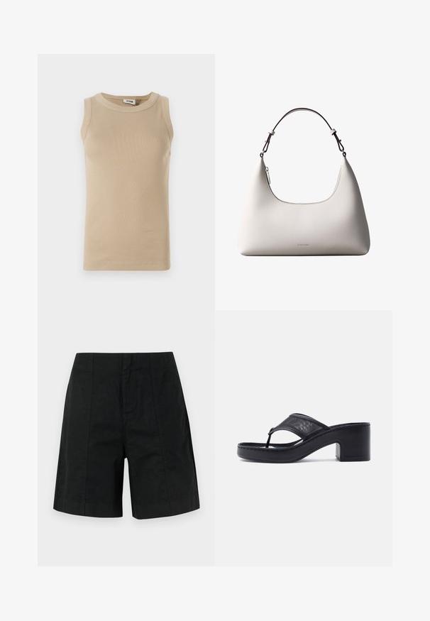 Top sans manches beige en tissu côtelé avec un col rond, présentant des coutures ton sur ton et un design ajusté.; Shorts noirs ajustés en tissu léger, dotés d'un design structuré avec des rayures verticales et un ourlet droit. Aucune poche visible.; Sandale noire à talon aiguille avec un talon épais et une large bride en mesh sur le dessus du pied, sur un fond clair uni.; Sac à bandoulière en cuir couleur crème de Calvin Klein avec bord supérieur incurvé, fermeture éclair argentée et sangle ajustable brun foncé.