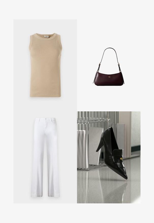 Top sans manches beige en tissu côtelé avec un col rond, présentant des coutures ton sur ton et un design ajusté.; Jean larges blancs à taille haute, dotés d'une fermeture à bouton, d'un design à cinq poches et de ourlets retroussés. Fabriqués en tissu denim.; Chaussure à talon haut en cuir noir avec bout pointu et franges décoratives flottant au-dessus d'un sol brillant près d'une étagère métallique avec des documents.; Sac à main en cuir bordeaux foncé avec une fine sangle d'épaule noire et un petit logo doré "cK" au centre devant.
