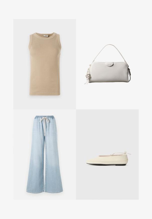 Top sans manches beige en tissu côtelé avec un col rond, présentant des coutures ton sur ton et un design ajusté.; Jean large bleu clair en denim, doté d'une ceinture élastique avec cordon de serrage et d'une texture lisse.; Des chaussures plates de couleur crème avec un bout arrondi, une sangle à la cheville et une semelle en caoutchouc noir contrastante. Matériau lisse avec un detailing minimal.; Sac à main rectangulaire blanc Calvin Klein avec une seule poignée, design minimaliste et pampilles décoratives avec un charm métallique géométrique sur le côté.