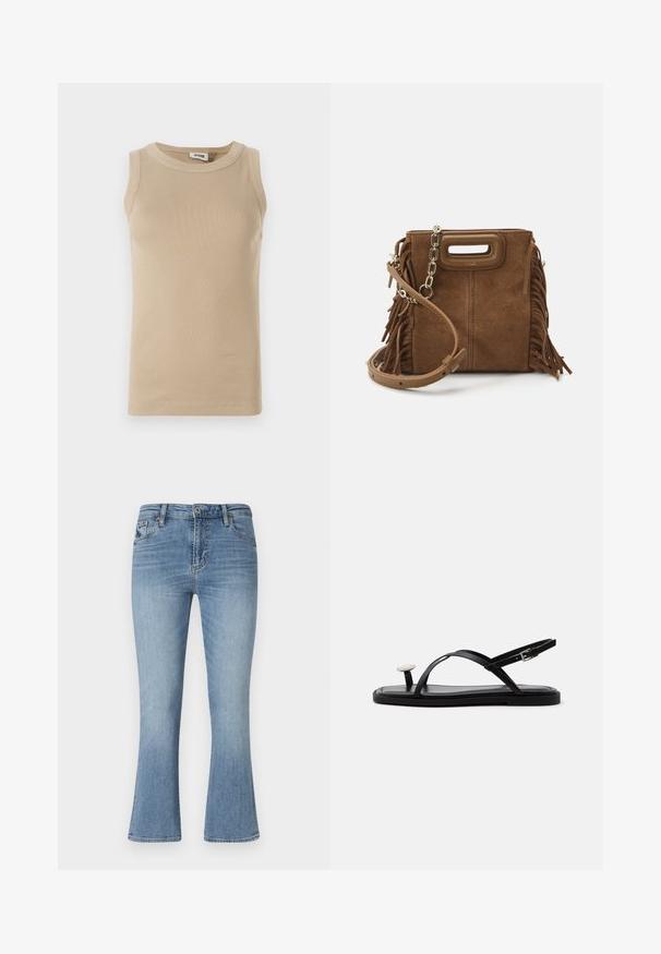 Top sin mangas beige fabricado con tejido acanalado, con cuello redondo, con costuras tonales y un diseño ajustado.; Jeans de campana en azul claro, hechos de mezclilla. Presenta una cintura de media altura, cinco bolsillos y trabillas para cinturón. Detalles de desgaste y costuras visibles.; Sandalia plana negra con finas correas cruzadas, hebilla en el tobillo y una gran decoración redonda blanca similar a una perla sobre la pieza entre los dedos.; Maje MINI - Bandolera - camel