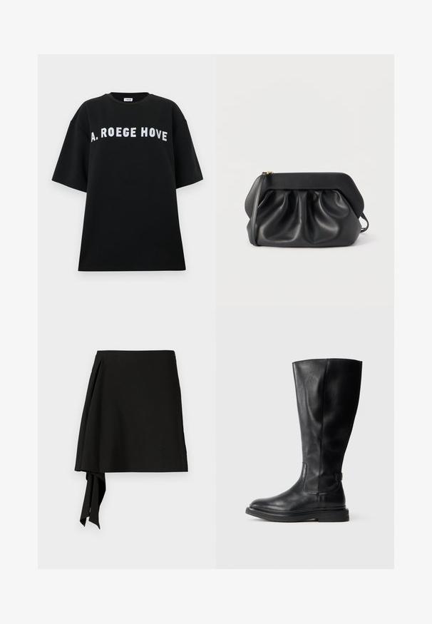 Μαύρο φαρδύ t-shirt από βαμβάκι, με κοντά μανίκια και λευκό block κείμενο που αναγράφει "A. ROEGE HOVE" στο στήθος.; Μαύρη φούστα με κομψό σχεδιασμό, χαρακτηριστικό δέσιμο στο πλάι, λεία υφή και ιριδίζουσα σιλουέτα. Κατασκευασμένη από ελαφρύ ύφασμα.; Μαύρη δερμάτινη μπότες μέχρι το γόνατο με στρογγυλή μύτη, ελαφρώς υφή στην επιφάνεια και καουτσούκ σόλα. Διαθέτει πλευρική πάνελ για εύκολη εφαρμογή.; Μαύρο δερμάτινο τσαντάκι χειρός με δομημένη κορνίζα, λεπτομέρειες με σούρες και λεπτό λουρί καρπού σε λευκό φόντο.