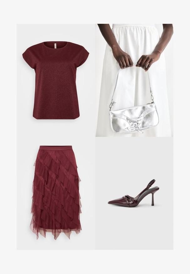 Haut bourgogne à manches courtes avec un col rond, fabriqué dans un tissu texturé incluant des accents de brillance subtils. Silhouette propre et simple.; Jupe en tulle bordeaux à niveaux, avec une taille ajustée, présentant des couches froncées qui créent un aspect texturé et une fluidité.; Escarpin slingback en cuir verni bordeaux avec bout pointu, fine bride à la cheville et petit détail décoratif de boucle. Texture lisse et talon haut.; Sac à main en métal argenté avec un détail à lacets, arborant un design épuré et une courte sangle. Le sac est tenu dans les mains, mettant en valeur sa texture.