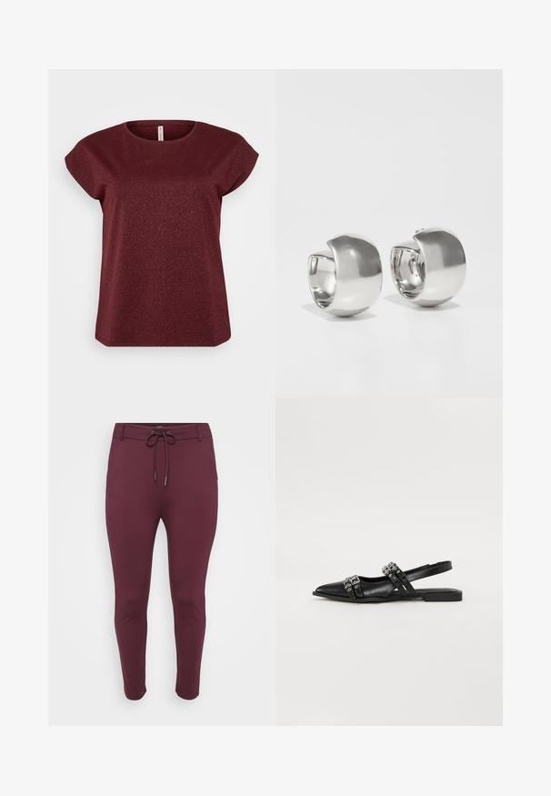 Haut bourgogne à manches courtes avec un col rond, fabriqué dans un tissu texturé incluant des accents de brillance subtils. Silhouette propre et simple.; Pantalons extensibles bordeaux avec une taille à cordon de serrage, présentant une coupe ajustée et des jambes fuselées, affichés sur un fond blanc.; Even&Odd by Zalando Ballerines à brides arrière - black; Uncommon Matters SCULPTURAL LARGE CREOLE - Boucles d'oreilles - silver-coloured