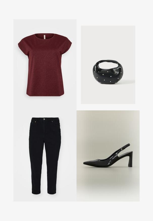 Burgundy kortærmet top med rund halsudskæring, lavet af et struktureret stof med subtile glitrende detaljer. Ren, enkel silhuet.; Sorte denimjeans med lige snit, frontlommer og metalknaplukning. Har en ren finish og subtile syningsdetaljer.; Sort laklæder slingback pumpt med spids tå, blokhæl i mellemstørrelse og justerbar spænde.; Sort læderhåndtaske med en rundet form, dekoreret med sølvnitter, og et kort håndtag. Glat tekstur og lynlåslukning.