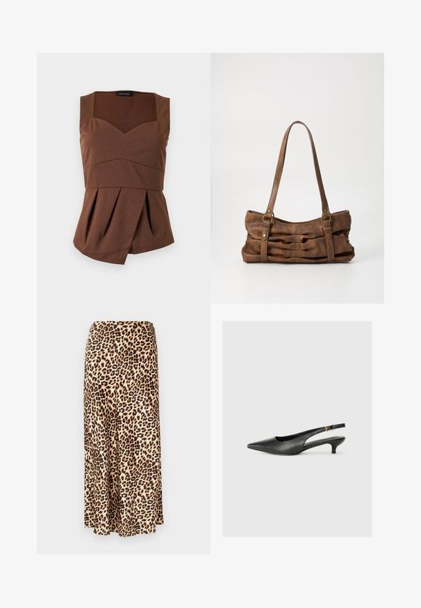Brun ærmeløs top med firkantet halsudskæring, tætsiddende talje og asymmetrisk plisseret kant, lagt fladt på en lys baggrund.; Løleopardprint lang nederdel lavet af glat stof. Tan base med sorte og brune pletter. Udsvingende design med en lige kant.; Sorte spidse slingback-sko lavet af glat læder. Har en tynd hæl og en spænde detalje på den justerbare rem.; Even&Odd by Zalando Håndtasker - brown