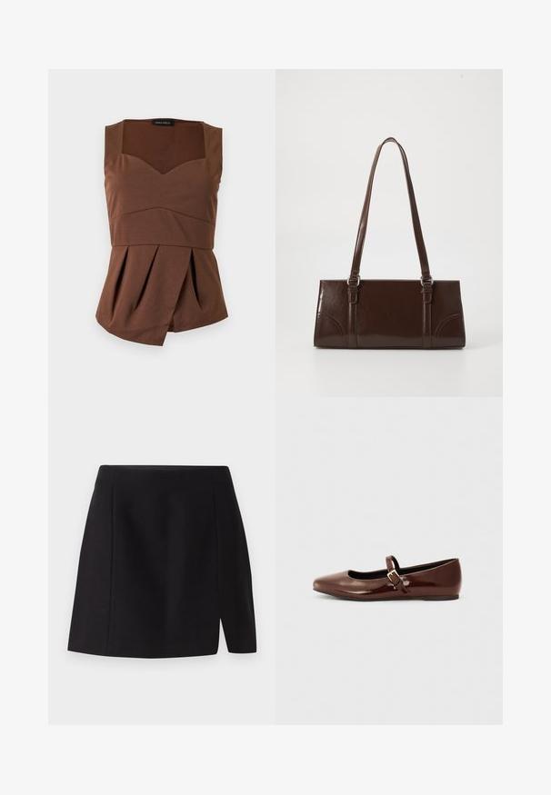 Haut marron sans manches avec encolure carrée, taille cintrée et ourlet plissé asymétrique, posé à plat sur un fond clair.; Mini-jupe noire en tissu lisse, dotée d'une taille ajustée et d'une fente à l'avant qui apporte une touche moderne à son design simple.; Ballerine en cuir verni marron avec un bout carré et une lanière ornée d'une petite boucle dorée. Texture lisse, talon bas et design minimaliste.; Sac à main en cuir verni marron de forme rectangulaire, avec deux longues poignées et des accents courbés subtils à l'avant.