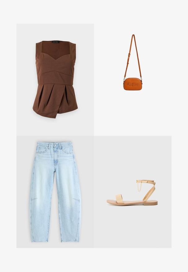 Brun ærmeløs top med firkantet halsudskæring, tætsiddende talje og asymmetrisk plisseret kant, lagt fladt på en lys baggrund.; Lyseblå denimjeans med en afslappet pasform, der har høj talje, fem-lommers design og subtilt slid med frynset kant.; Beige flad sandal med en enkelt bred rem, ankelrem med spænde og dekorativ kæde detalje. Glat læderlignende tekstur og flad sål.; Brun læder crossbody taske med justerbar rem, afrundet form, præget logo på fronten, glat tekstur og hardware i guld-tone.