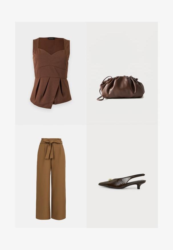 Haut marron sans manches avec encolure carrée, taille cintrée et ourlet plissé asymétrique, posé à plat sur un fond clair.; Pantalon marron à jambes larges avec taille haute et ceinture en tissu nouée en nœud à l'avant sur un fond clair uni.; Chaussure slingback en cuir marron foncé avec bout pointu, petit talon kitten et ornement rond doré sur le dessus sur fond blanc.; Sacoche en cuir marron doux avec un haut froncé et une fine bandoulière, posée sur un fond blanc.