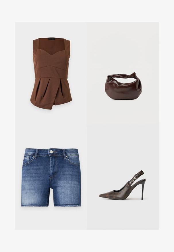 Brun ærmeløs top med firkantet halsudskæring, tætsiddende talje og asymmetrisk plisseret kant, lagt fladt på en lys baggrund.; Denimshorts i en mellemblå vask med lige snit. Har slidte områder, en frontlomme og en rå kant forneden.; Brune læder slingback højhælede sko med spids tå, justerbar spænde og sort stiletto hæl på ensfarvet baggrund.; Mørkebrun læder skuldertaske med en blød, afslappet form og et snoet knudehåndtag på en ensartet hvid baggrund.