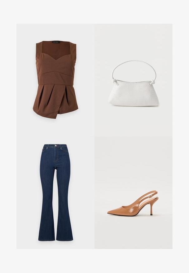 Brun ærmeløs top med firkantet halsudskæring, tætsiddende talje og asymmetrisk plisseret kant, lagt fladt på en lys baggrund.; Mørkeblå denim flared jeans med høj talje, der har lynlås og knap samt diskret syninger langs sømmene.; Spids tå slingback hæl i et glat, blankt tan materiale. Har et buet udskæring design og en slank stiletto hæl. Sølv spænde detalje.; Hvid fletlæderhåndtaske med afrundet håndtag og ender på remmen, der er knyttet, vist mod en ensfarvet baggrund.