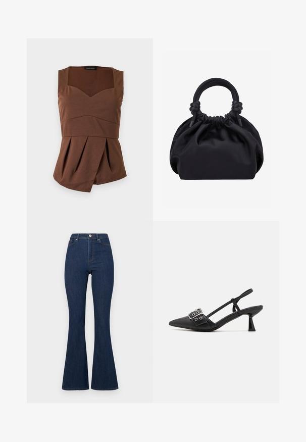 Haut marron sans manches avec encolure carrée, taille cintrée et ourlet plissé asymétrique, posé à plat sur un fond clair.; Jean en denim évasés de couleur bleu foncé avec une taille haute, présentant une fermeture éclair et un bouton, ainsi que des coutures discrètes le long des bords.; Simmi London DALA - Escarpins - black; Sac à main en tissu noir doux avec haut froncé et poignées circulaires rembourrées nouées de chaque côté.