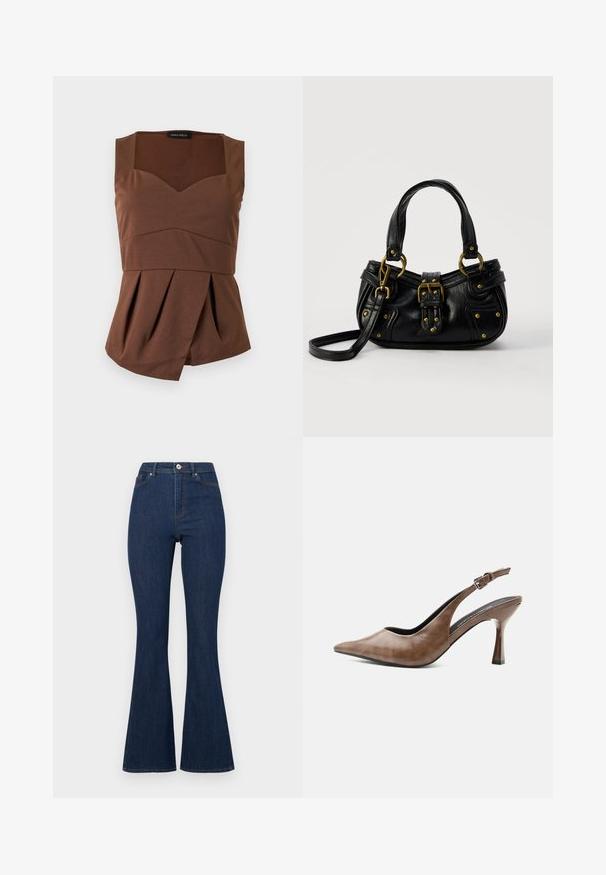 Brun ærmeløs top med firkantet halsudskæring, tætsiddende talje og asymmetrisk plisseret kant, lagt fladt på en lys baggrund.; Mørkeblå denim flared jeans med høj talje, der har lynlås og knap samt diskret syninger langs sømmene.; Brun lædersandal med høj hæl, spids tå, justerbar rem med spænde og slank tilspidset hæl.; Sort læderhåndtaske med guldbælge og nitdetaljer, korte håndtag og en justerbar skulderrem på en ensfarvet hvid baggrund.
