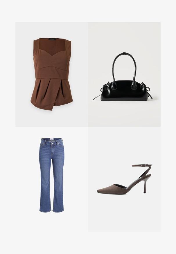 Brun ærmeløs top med firkantet halsudskæring, tætsiddende talje og asymmetrisk plisseret kant, lagt fladt på en lys baggrund.; Mørkeblå jeans i denim med høj talje, brede ben og et traditionelt fem-lomme design. Har synlig syning og lukning med en frontknap.; Brun ruskindspointetrukket højhælet sko med tynd ankelrem og sølvspænde på hvid baggrund.; Lille sort blank håndtaske med to lange håndtag og snøre-detaljer i siden på en ensfarvet lys baggrund.