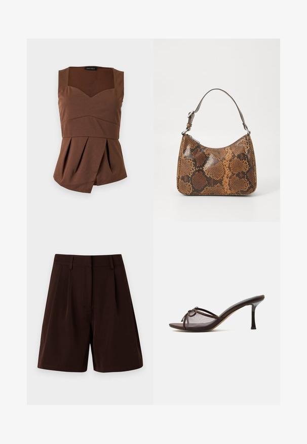 Haut marron sans manches avec encolure carrée, taille cintrée et ourlet plissé asymétrique, posé à plat sur un fond clair.; Shorts plissés marron en tissu léger. Dotés d'une ceinture classique et de poches latérales, avec une coupe droite et des bords ourlés.; Mule ouverte marron avec talon aiguille de hauteur moyenne, tige en mesh transparent et petit détail de nœud sur le dessus.; Petit sac à main avec un motif en peau de serpent marron et noir, courroie courte et ajustable, et fermeture éclair.