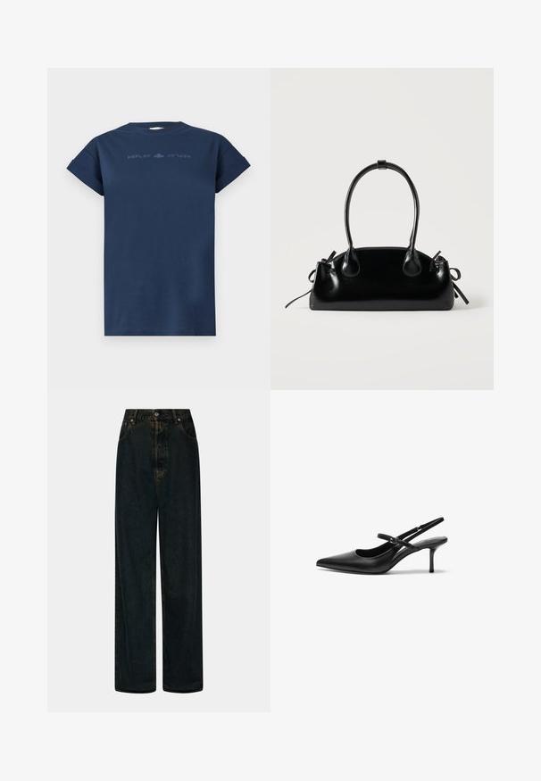 Marineblauwe T-shirt met korte mouwen en opgerolde mouwen, met subtiele "REPLAY" tekst gespiegeld over de borst.; Hoge taille, wijde pijpen, donkerblauwe denim jeans met een sluiting van voor knoop en rits, riemlussen en voorzakken.; Zwarte leren slingback hakken met een puntige neus, slanke verstelbare band en een ongeveer 5 cm hoge stiletto hak, met een gladde textuur.; Kleine zwarte glanzende handtas met twee lange hengsels en zijkant trekkoord details op een effen lichte achtergrond.