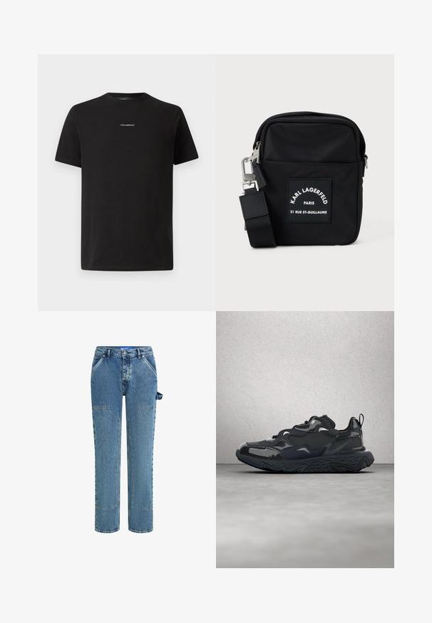 Camiseta de algodón negra con cuello redondo, mangas cortas y un pequeño logo blanco "KARL LAGERFELD" en el pecho. Diseño sencillo.; Jeans de mezclilla azul con un diseño de pierna recta, que cuentan con parches en contraste, dos bolsillos frontales y un detalle de lazo visible en el lado.; Zapatilla de correr negra con parte superior texturizada, detalles suaves y suela gruesa con dibujo de ondas, diseñada para ofrecer comodidad y durabilidad.; Bolsa cruzada de nailon negra con forma rectangular, presenta una etiqueta en el parche frontal, herrajes plateados y una correa ajustable.