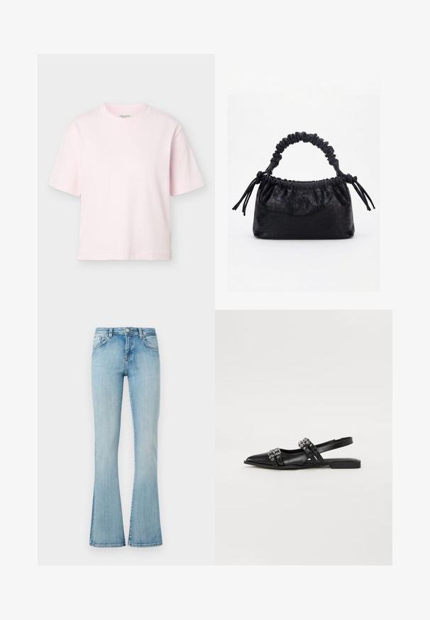 T-shirt rose clair à manches courtes avec col rond et coupe décontractée, présenté sur un fond gris clair uni.; Jeans en denim bleu clair avec une taille haute, bouton et fermeture éclair à l'avant, cinq poches et jambes évasées sur un fond uni.; Even&Odd by Zalando Ballerines à brides arrière - black; Sac à main noir avec texture crocodile, bord supérieur froncé, poignée plissée et pompons à cordon de chaque côté sur fond blanc.