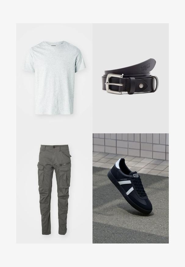 Camiseta de manga corta gris claro, confeccionada en una tela suave, con cuello redondo y un corte ligeramente relajado. Sin patrones ni gráficos visibles.; Pantalones cargo grises hechos de tejido duradero, que cuentan con múltiples bolsillos, detalles con cremallera, cierre botón y un diseño de pierna ajustada.; Zapatilla de cuero negra con rayas blancas, suela de goma texturizada y parte frontal con cordones. Cuenta con una etiqueta de marca en la lengüeta.; Cinturón de cuero negro con hebilla metálica plateada, cierre de botón para ajuste y detalles en relieve en el cuero. Textura suave en todo el cinturón.