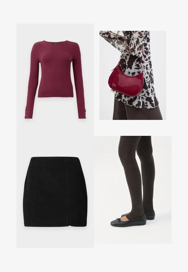 Burgundy langærmet ribstrikket sweater med rund halsudskæring og knapdetaljer på ærmerne. Fremstillet af et tekstureret strikmateriale.; Sort kordfløjlskørt med lige snit, en lille frontslids og tekstureret stof. Ingen synlige detaljer eller hardware.; Ben iført mørke ribbede leggings kombineret med sorte balletsko med små sløjfedetaljer på hvid baggrund.; Kvinde iført en sort- og hvidmønstret bluse, der holder en blank rød skuldertaske mod en ensfarvet baggrund.
