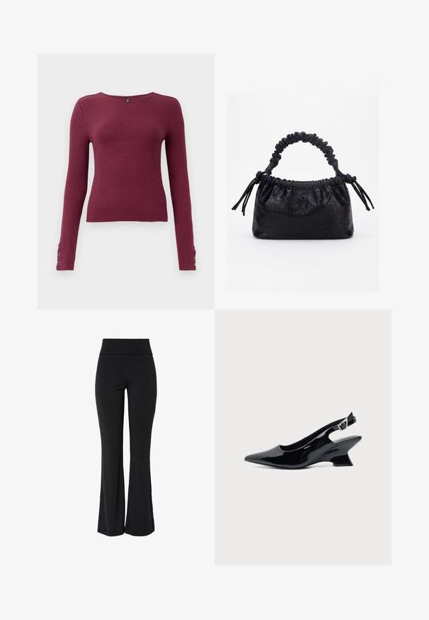 Pull en maille côtelée à manches longues bordeaux avec un col rond et des accents de boutons sur les poignets. Fabriqué dans un matériau en tricot texturé.; Pantalon noir taille haute extensible avec jambe légèrement évasée et design lisse sans coutures, sur fond blanc.; Chaussure slingback en cuir verni noir avec bout pointu et petit talon bloc incliné sur fond clair uni.; Sac à main noir avec texture crocodile, bord supérieur froncé, poignée plissée et pompons à cordon de chaque côté sur fond blanc.