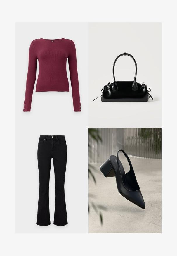 Bordeaux lange mouw ribbel trui met een ronde halslijn en knoopdetails op de manchetten. Gemaakt van een gestructureerde brei-stof.; Zwarte flared jeans van denim, met een middelhoge taille, voorzakken en knoopsluiting. Soepele textuur met minimale stikdetails.; Zwarte leren slingback hak met een spitse neus en een blokhak. Glad oppervlak, minimalistisch ontwerp en verstelbare enkelband.; Kleine zwarte glanzende handtas met twee lange hengsels en zijkant trekkoord details op een effen lichte achtergrond.