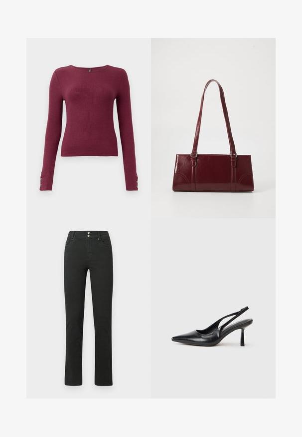 Pull en maille côtelée à manches longues bordeaux avec un col rond et des accents de boutons sur les poignets. Fabriqué dans un matériau en tricot texturé.; Jean en denim noir au design ajusté, doté de deux poches avant, de deux poches arrière et d'une fermeture à double bouton à la taille.; Chaussure à talon haut en cuir noir, à bride arrière, avec un bout pointu et un talon fin sur fond blanc.; Sac à main bordeaux en matériau brillant, de forme rectangulaire, avec deux anses et des accents légèrement courbés à l'avant.