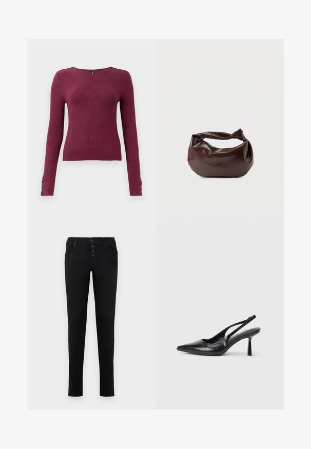 Burgundy langærmet ribstrikket sweater med rund halsudskæring og knapdetaljer på ærmerne. Fremstillet af et tekstureret strikmateriale.; Sorte denim jeans med slim fit, fem lommer og knappelukning. Har en glat tekstur og rene linjer.; Sort læderslagback højhælet sko med spids tå og slank hæl på en hvid baggrund.; Mørkebrun læder skuldertaske med en blød, afslappet form og et snoet knudehåndtag på en ensartet hvid baggrund.