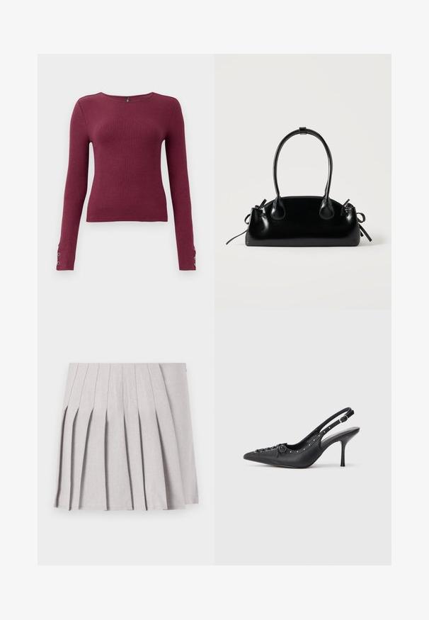 Pull en maille côtelée à manches longues bordeaux avec un col rond et des accents de boutons sur les poignets. Fabriqué dans un matériau en tricot texturé.; Jupe plissée grise au toucher lisse, dotée de multiples plis verticaux et d'une taille ajustée. Fabriquée en tissu léger.; Escarpin en cuir noir à talon aiguille avec un bout pointu, une bride latérale à boucle, des clous le long du bord et un laçage décoratif à l'avant.; Petit sac à main noir brillant avec deux longues anses et des détails à cordon sur les côtés sur un fond clair uni.