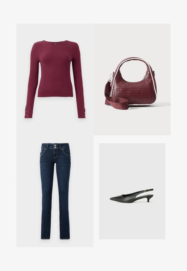 Burgundy langærmet ribstrikket sweater med rund halsudskæring og knapdetaljer på ærmerne. Fremstillet af et tekstureret strikmateriale.; Mørkeblå skinny jeans med dobbeltknaplukning, frontlommer og gule syninger på hvid baggrund.; Sorte spidse slingback-sko lavet af glat læder. Har en tynd hæl og en spænde detalje på den justerbare rem.; Mørkerød vævet lædertaske med buet hank, hvid kant, sølv lynlås og aftagelig bred stofskulderrem mod en ensfarvet baggrund.