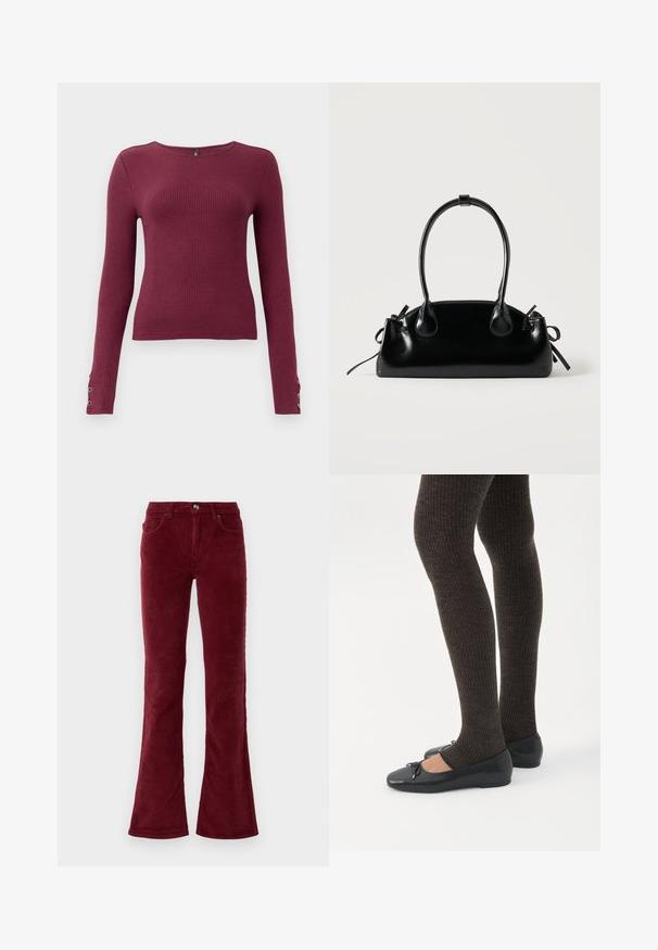Pull en maille côtelée à manches longues bordeaux avec un col rond et des accents de boutons sur les poignets. Fabriqué dans un matériau en tricot texturé.; Pantalons en velours côtelé bourgogne évasés avec poches avant, passants de ceinture et fermeture à bouton sur fond blanc.; Jambes portant des leggings côtelés foncés associés à des ballerines noires avec de petits détails en nœud sur fond blanc.; Petit sac à main noir brillant avec deux longues anses et des détails à cordon sur les côtés sur un fond clair uni.
