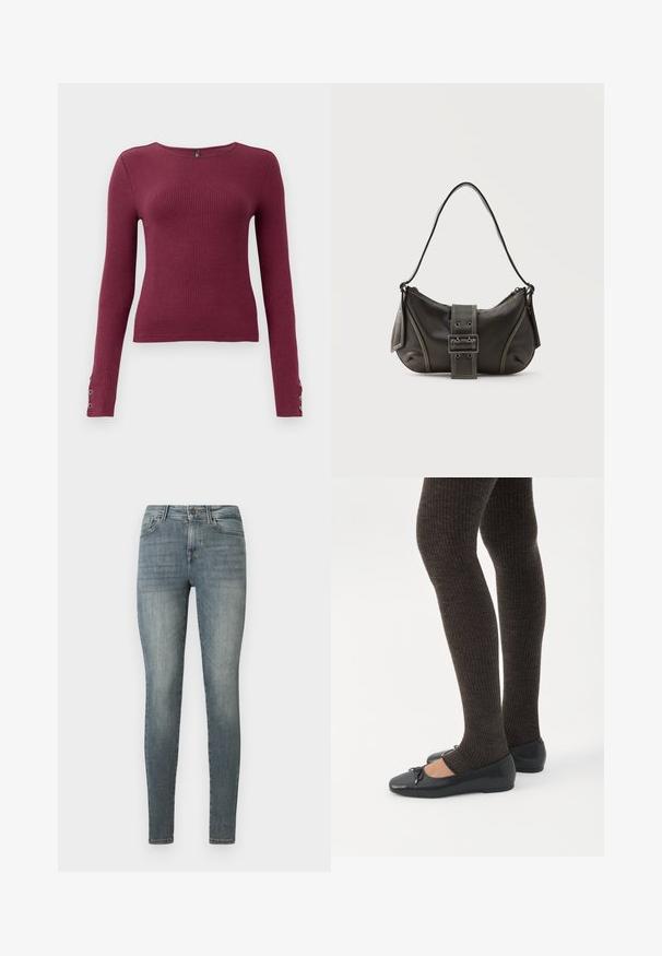Burgundy langærmet ribstrikket sweater med rund halsudskæring og knapdetaljer på ærmerne. Fremstillet af et tekstureret strikmateriale.; Blågrå, smalle kvindejoggingbukser med knap- og lynlåslukning, for- og baglommer samt let falmet detaljer ved lårene.; Ben iført mørke ribbede leggings kombineret med sorte balletsko med små sløjfedetaljer på hvid baggrund.; Sort læder skuldertaske med spænde på remmen, afrundede kanter og kontrasterende hvide syninger på en ensfarvet baggrund.