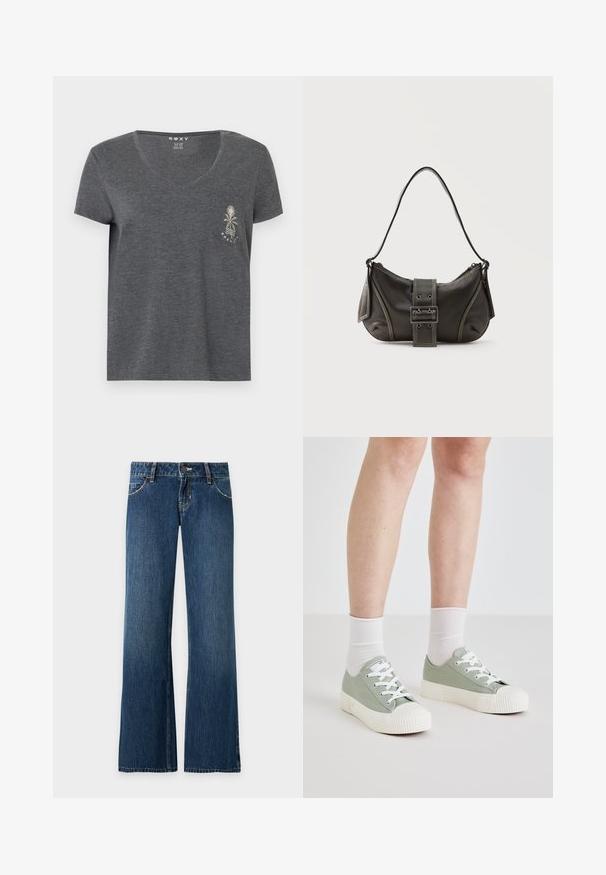 T-shirt gris foncé à manches courtes et col en V avec petite poche avant arborant un motif blanc de palmier et de vague au-dessus du texte "Roxy".; Jean denim bleu coupe droite avec poches avant, passants de ceinture, fermeture par bouton et coutures visibles sur un fond clair uni.; Baskets en toile vert clair avec semelles et lacets en caoutchouc blanc. Présentent un bout arrondi et une semelle texturée blanche. Accompagnées de chaussettes blanches.; Sac à épaule en cuir noir avec une sangle à boucle, des bords arrondis et des coutures blanches contrastées sur un fond uni.