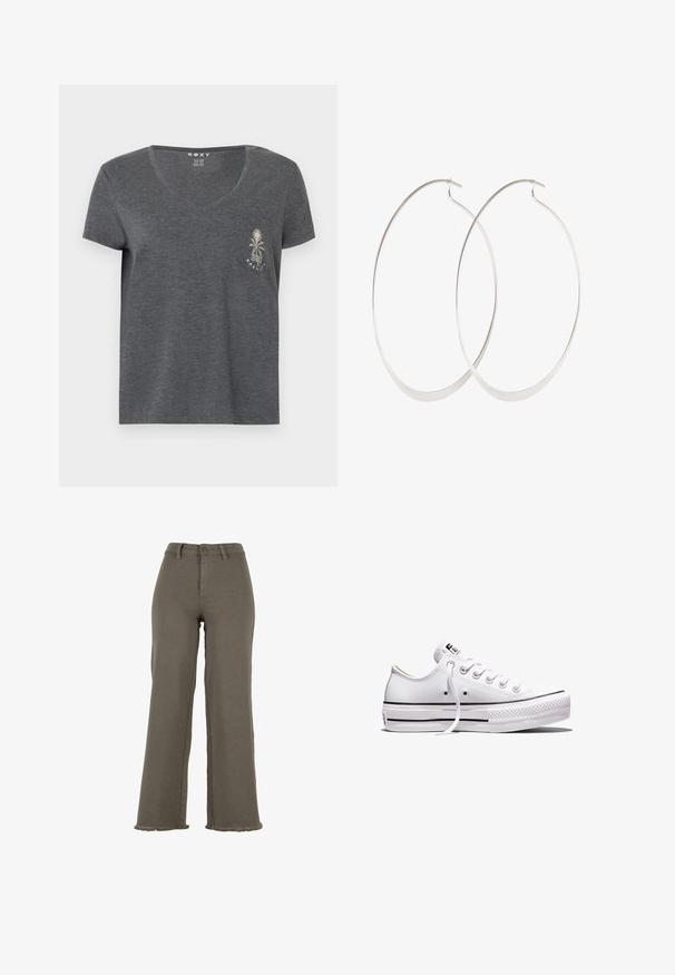 T-shirt gris foncé à manches courtes et col en V avec petite poche avant arborant un motif blanc de palmier et de vague au-dessus du texte "Roxy".; Pantalon large taille haute vert olive avec fermeture par bouton et fermeture éclair, passants de ceinture et ourlets effilochés.; Baskets basses en toile blanche avec lacets blancs, semelle en caoutchouc, détails à rayures noires, et écusson logo sur la languette et le talon.; Boucles d'oreilles en argent avec un design fin et lisse ; forme ovale allongée ; finition polie ; présente un fermoir à crochet sécurisé.
