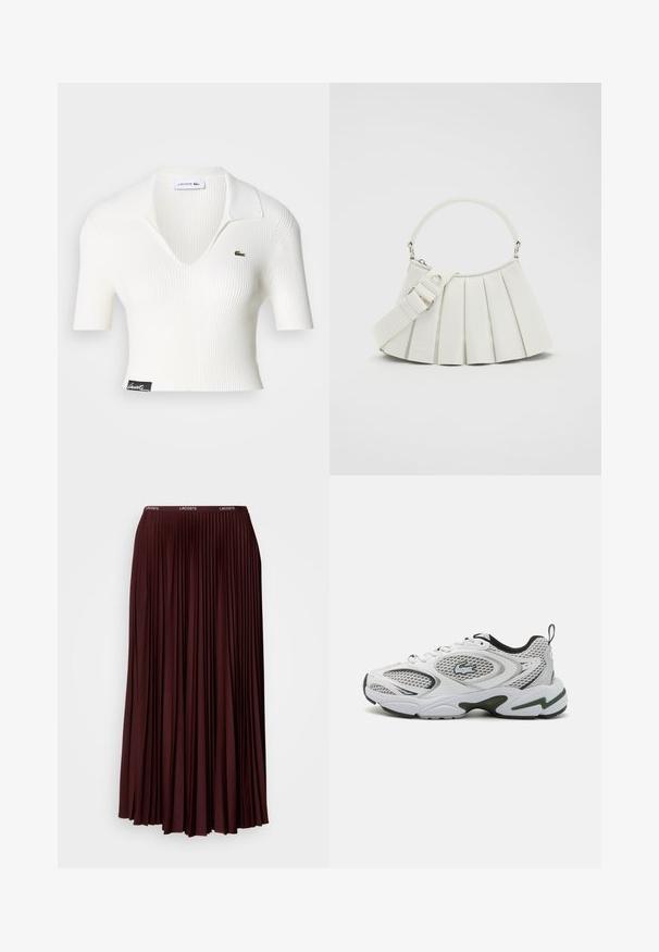 Polo shirt cropped blanc côtelé avec un col en V, des manches courtes et un logo crocodile Lacoste vert sur la poitrine gauche. Étiquette noire à l'ourlet.; Jupe plissée bordeaux en tissu doux avec une taille élastique arborant un logo discret. Modèle longueur complète avec des plis verticaux.; Baskets blanches avec des panneaux en mesh, des accents noirs et une semelle texturée. Présente un design élégant et un logo bien en vue sur le côté.; Lacoste LENGLEN BAG - Sac à main - cristalline