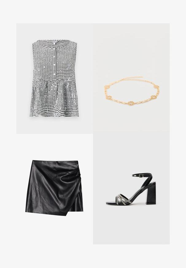 Haut sans manches noir et blanc à carreaux avec un devant à boutons et un ourlet en peplum, présentant un tissu texturé et des sequins brillants.; Jupe mini en cuir noir avec un design portefeuille, affichant une texture douce et lisse ainsi que des détails de drapés subtils sur un côté.; Sandale noire à talon haut avec un talon bloc, dotée d'une bride avec des accents métalliques et de trois bandes croisées au niveau des orteils.; Collier délicat en chaîne d'or avec des maillons petits alternés et cinq maillons circulaires texturés répartis uniformément autour.