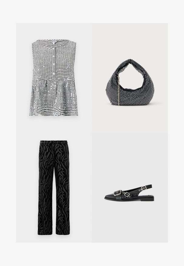 Mouwloze zwart-witte geblokte top met een knopenlijst en een peplumrand, met een gestructureerde stof en glanzende pailletten.; Zwarte broek met een gemêleerd, draaiend patroon. Gemaakt van zacht materiaal met een rechte pijp en een elastische tailleband voor extra comfort.; Zwart leren slingback schoen met een spitse neus, twee zilveren gespen en een lage blokhak. Bevat een gemêleerde bovenkant en een open achterkant.; Zwarte mesh handtas versierd met zilveren studs, met een gebogen handvat en een kettingschouderriem. Zachte textuur met een ronde vorm.
