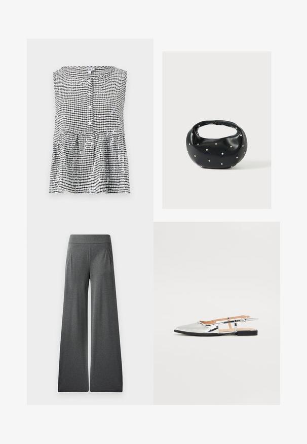 Mouwloze zwart-witte geblokte top met een knopenlijst en een peplumrand, met een gestructureerde stof en glanzende pailletten.; Grijze wijde broek met een platte tailleband, plooien aan de voorkant en een zachte textuur, ontworpen voor comfort en bewegingsvrijheid.; Zilveren slingback ballerina's met een spitse neus en een lage hak. Glanzende lakafwerking met uitsparingen aan de zijkanten en een verstelbare gesp.; Zwarte leren handtas met een afgeronde vorm, versierd met zilveren studs, en een korte handgreep. Gladde textuur en ritsluiting.