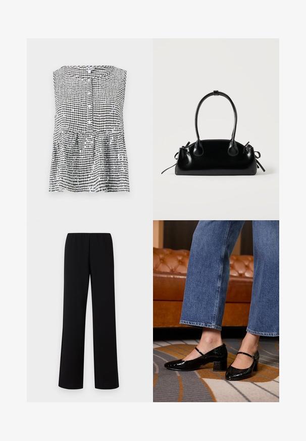 Haut sans manches noir et blanc à carreaux avec un devant à boutons et un ourlet en peplum, présentant un tissu texturé et des sequins brillants.; Pantalons larges noirs avec une taille élastique, fabriqués dans un tissu lisse, affichant un design épuré et minimaliste sans embellissements.; Des escarpins en cuir verni noir avec un bout pointu, un talon bloc et une bride à la cheville, portés avec un jean en denim à jambes larges, sur un tapis à motifs.; Petit sac à main noir brillant avec deux longues anses et des détails à cordon sur les côtés sur un fond clair uni.