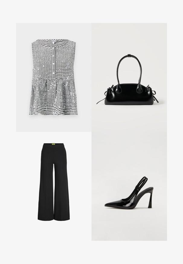 Haut sans manches noir et blanc à carreaux avec un devant à boutons et un ourlet en peplum, présentant un tissu texturé et des sequins brillants.; Pantalon noir à jambes larges avec taille haute et détails de coutures verticales à l'avant.; Escarpin en cuir verni noir à talon aiguille, à bout pointu, avec une sangle élastique double pour un maintien sécurisé. Surface lisse et brillante.; Petit sac à main noir brillant avec deux longues anses et des détails à cordon sur les côtés sur un fond clair uni.
