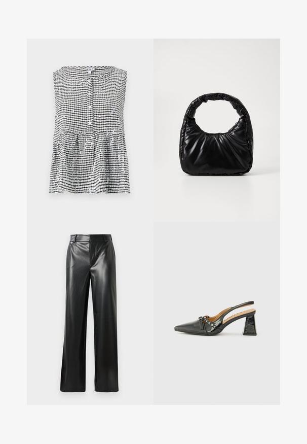 Haut sans manches noir et blanc à carreaux avec un devant à boutons et un ourlet en peplum, présentant un tissu texturé et des sequins brillants.; Pantalons large en cuir noir avec une texture lisse, dotés d'une taille mi-haute et de légères plis sur le devant.; Chaussure slingback en cuir verni noir avec un bout pointu, un talon triangulaire et une sangle décorative avec des accents en argent. Texture lisse.; Sac à main noir rembourré avec une poignée arrondie, présentant une surface lisse et brillante ainsi qu'une texture douce et matelassée. Pas de quincaillerie ou d'accents visibles.