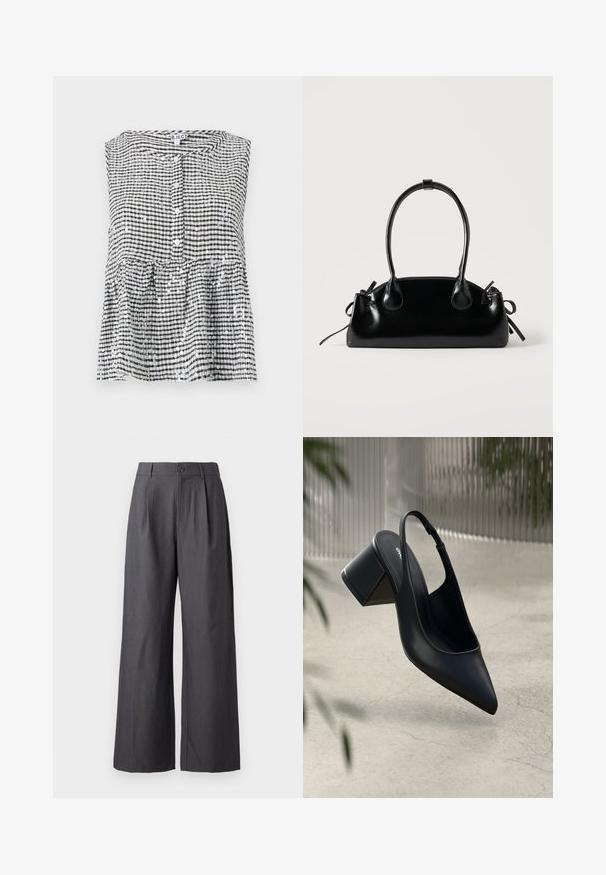 Haut sans manches noir et blanc à carreaux avec un devant à boutons et un ourlet en peplum, présentant un tissu texturé et des sequins brillants.; Pantalon gris foncé à jambes larges avec plis, passants de ceinture et fermeture par bouton à la taille, présenté sur un fond uni.; Escarpin noir en cuir avec un bout pointu et un talon bloc. Texture lisse, design minimaliste et bride de cheville réglable.; Petit sac à main noir brillant avec deux longues anses et des détails à cordon sur les côtés sur un fond clair uni.