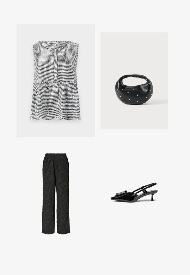 Haut sans manches noir et blanc à carreaux avec un devant à boutons et un ourlet en peplum, présentant un tissu texturé et des sequins brillants.; Pantalons noirs à jambes larges avec une taille élastique, fabriqués en tissu texturé présentant un motif froncé sur toute la surface.; Talons aiguilles en cuir verni noir avec un bout pointu, un détail en nœud à l'avant et un petit talon stiletto. Les brides sont équipées de boucles ajustables.; Sac à main en cuir noir de forme arrondie, décoré de clous argentés et équipé d'une poignée courte. Texture lisse et fermeture éclair.