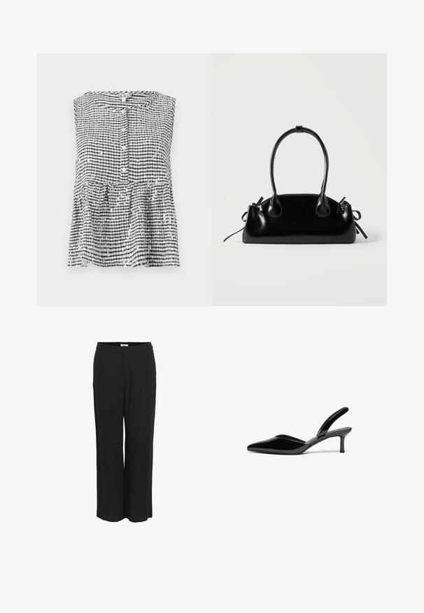 Haut sans manches noir et blanc à carreaux avec un devant à boutons et un ourlet en peplum, présentant un tissu texturé et des sequins brillants.; Pantalons larges noirs en tissu léger. Dotés d'une taille élastique et d'une texture lisse. Pas de poches ni de motifs visibles.; Escarpins à talon aiguille en cuir verni noir, avec un bout pointu, un talon aiguille bas et un design élégant et simple sans embellissements.; Petit sac à main noir brillant avec deux longues anses et des détails à cordon sur les côtés sur un fond clair uni.